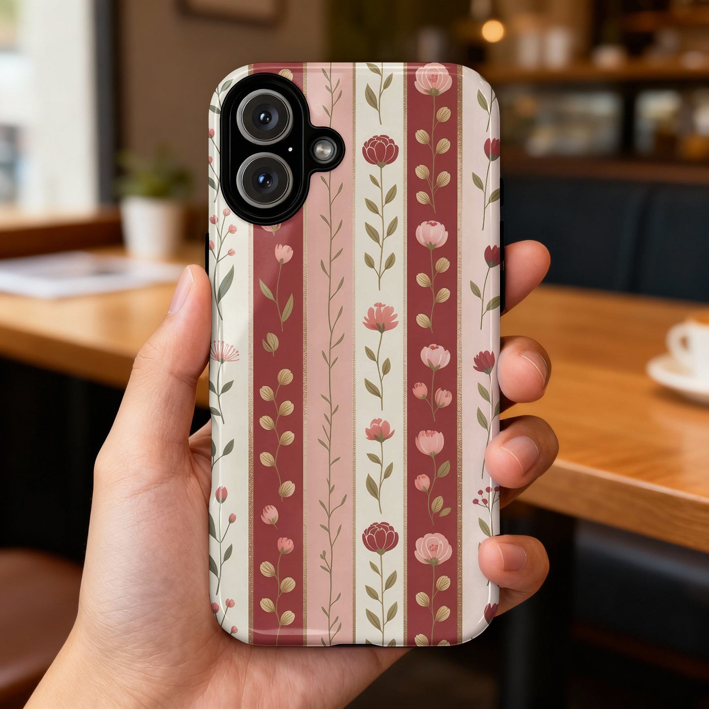 Phone case with vertical stripes of pink flowers and leaves on a blush background.