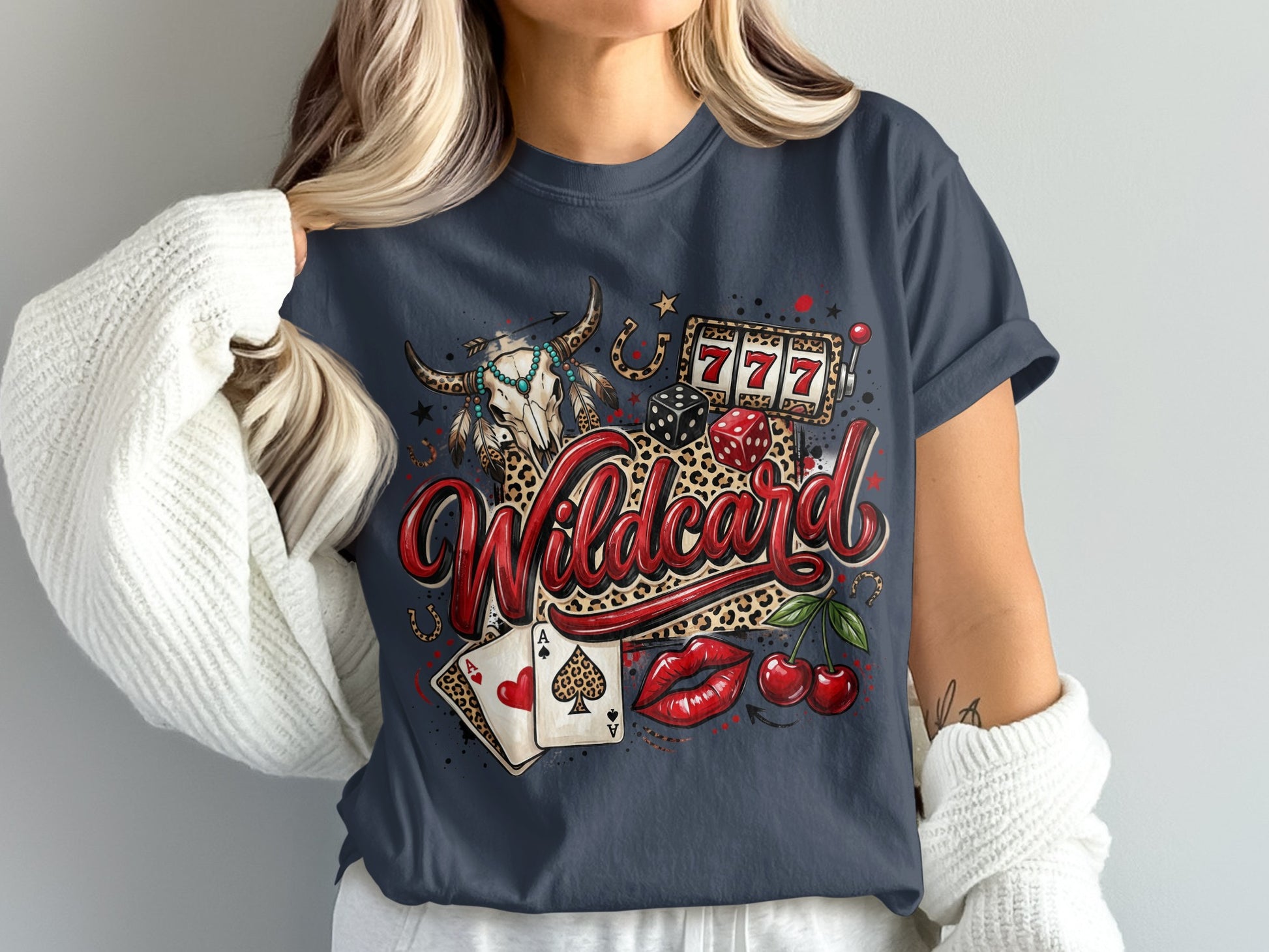 Wildcard graphic tee with casino elements, cherries, and bull skull.