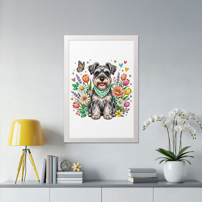 Framed painting of a Schnauzer dog wearing a bandana surrounded by flowers and butterflies.