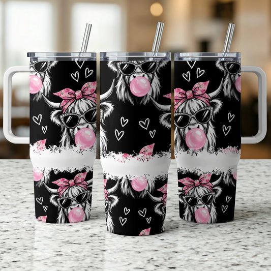 Three tumblers with a cow wearing sunglasses blowing bubblegum, hearts, and bows.