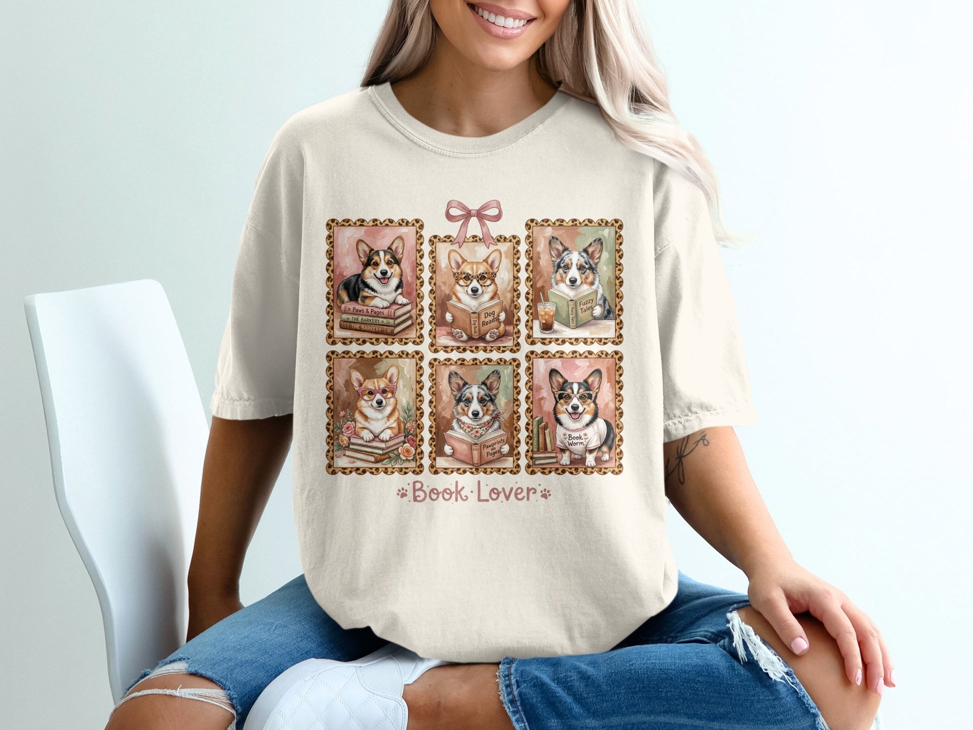 Six framed portraits of corgis reading books, with "Book Lover" text.