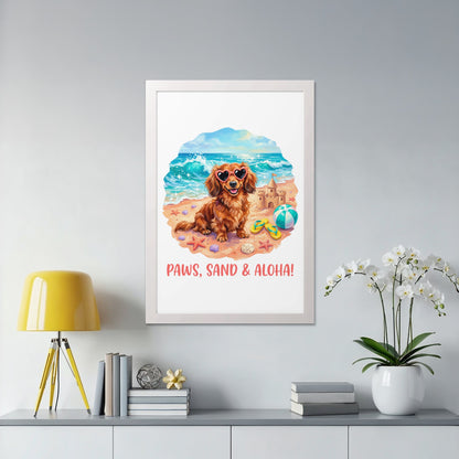 Dachshund wearing sunglasses on a beach with text "Paws, Sand & Aloha!"