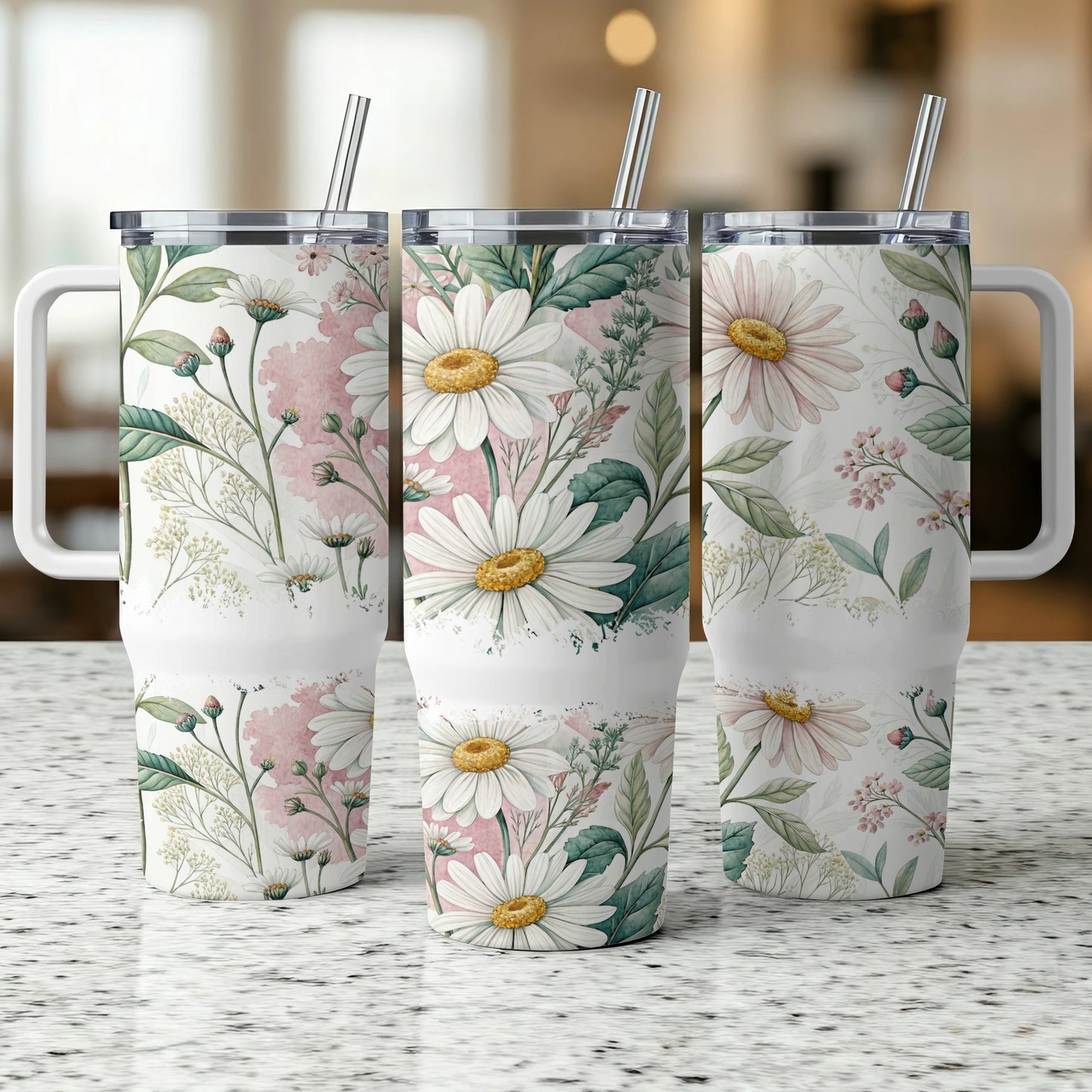 Three white tumblers with a floral daisy and green leaf design.