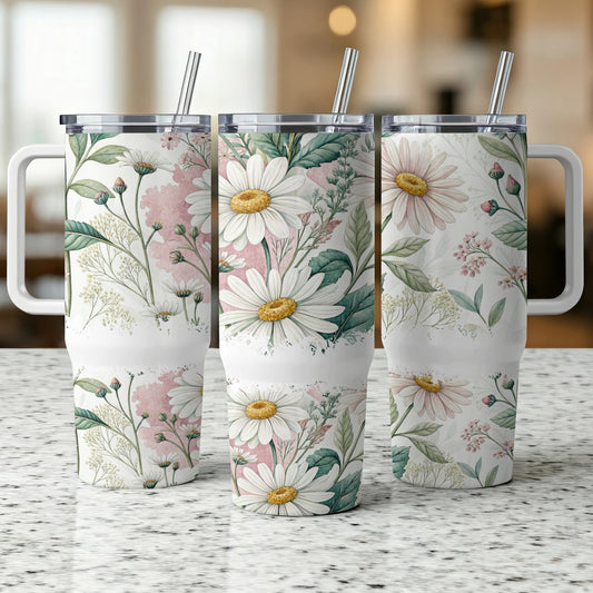Three white tumblers with a floral daisy and green leaf design.