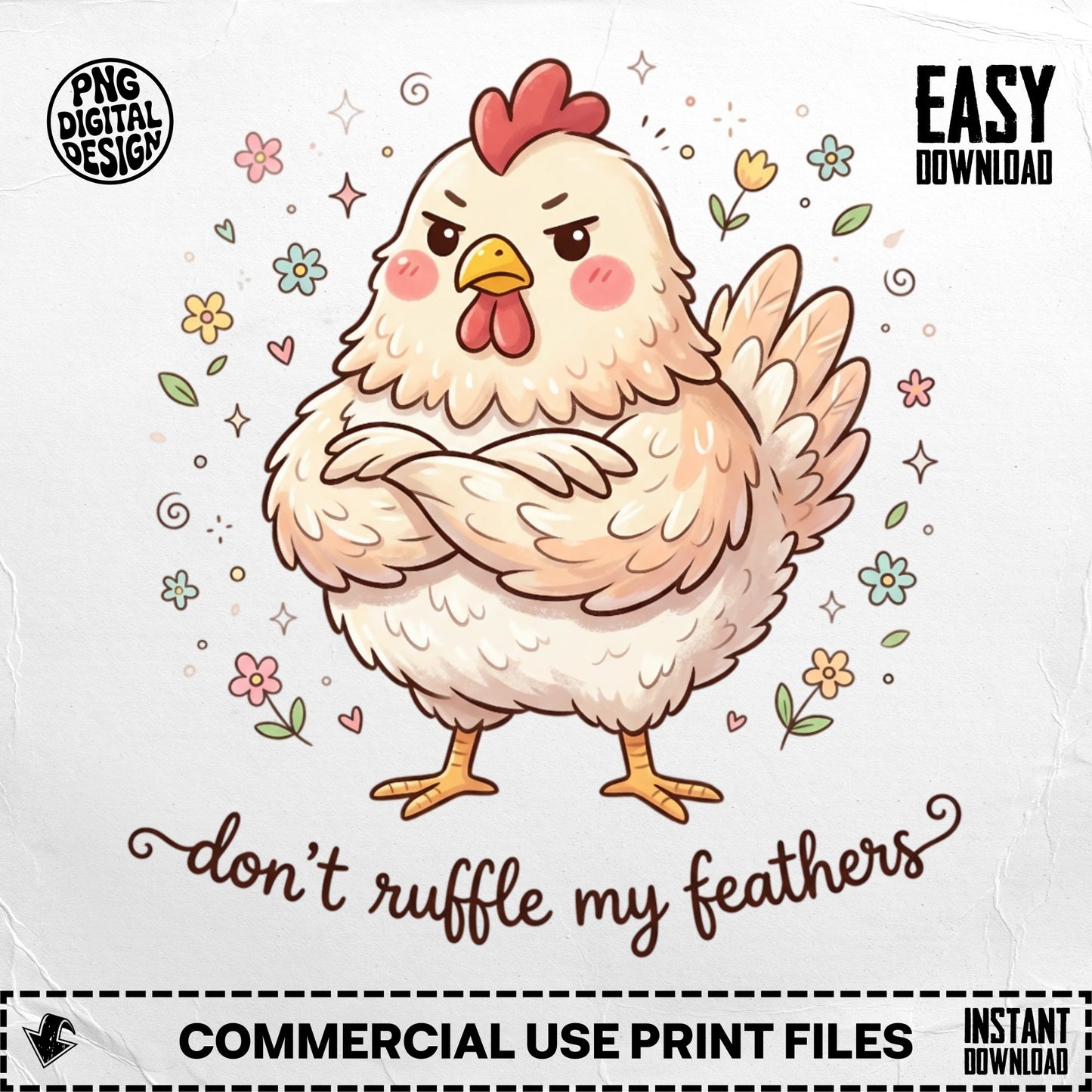 Chicken with arms crossed and text "don't ruffle my feathers".