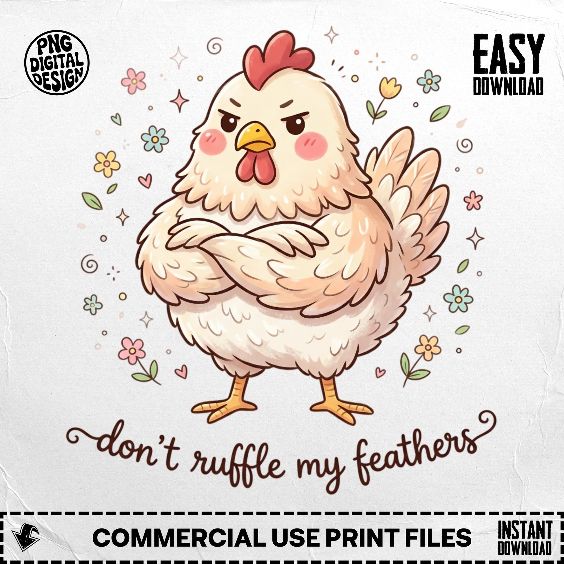 Chicken with arms crossed and text "don't ruffle my feathers".