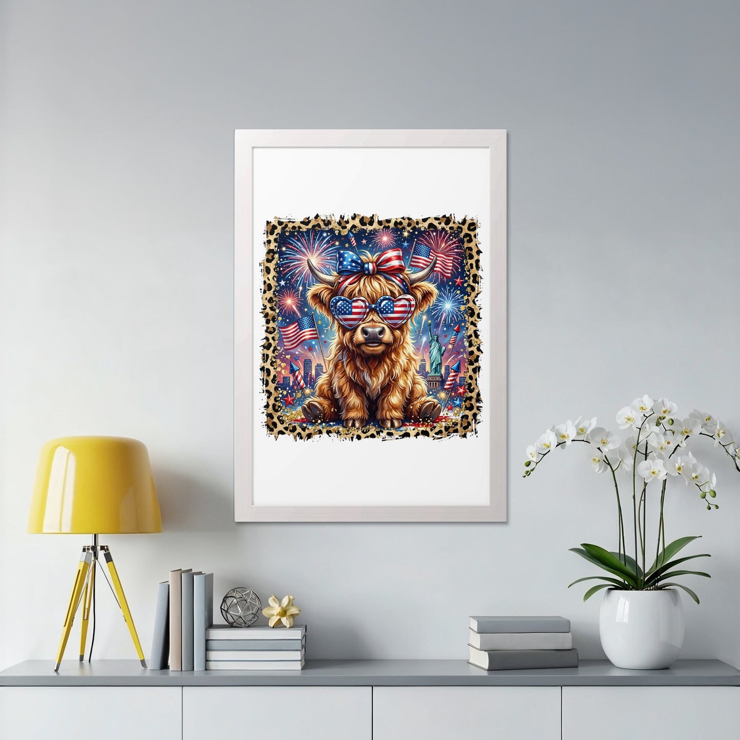 Highland cow wearing American flag bandana and sunglasses, framed art.