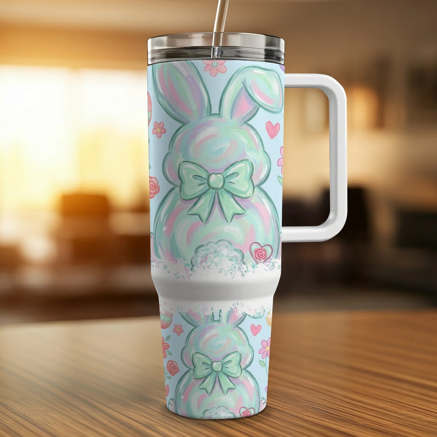 Easter bunny tumbler with pastel colors and floral accents.
