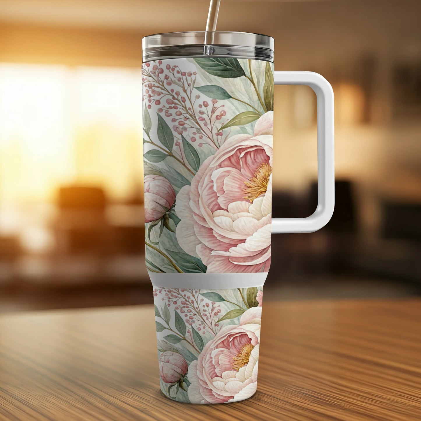 White tumbler with a floral pattern of pink peonies and greenery.