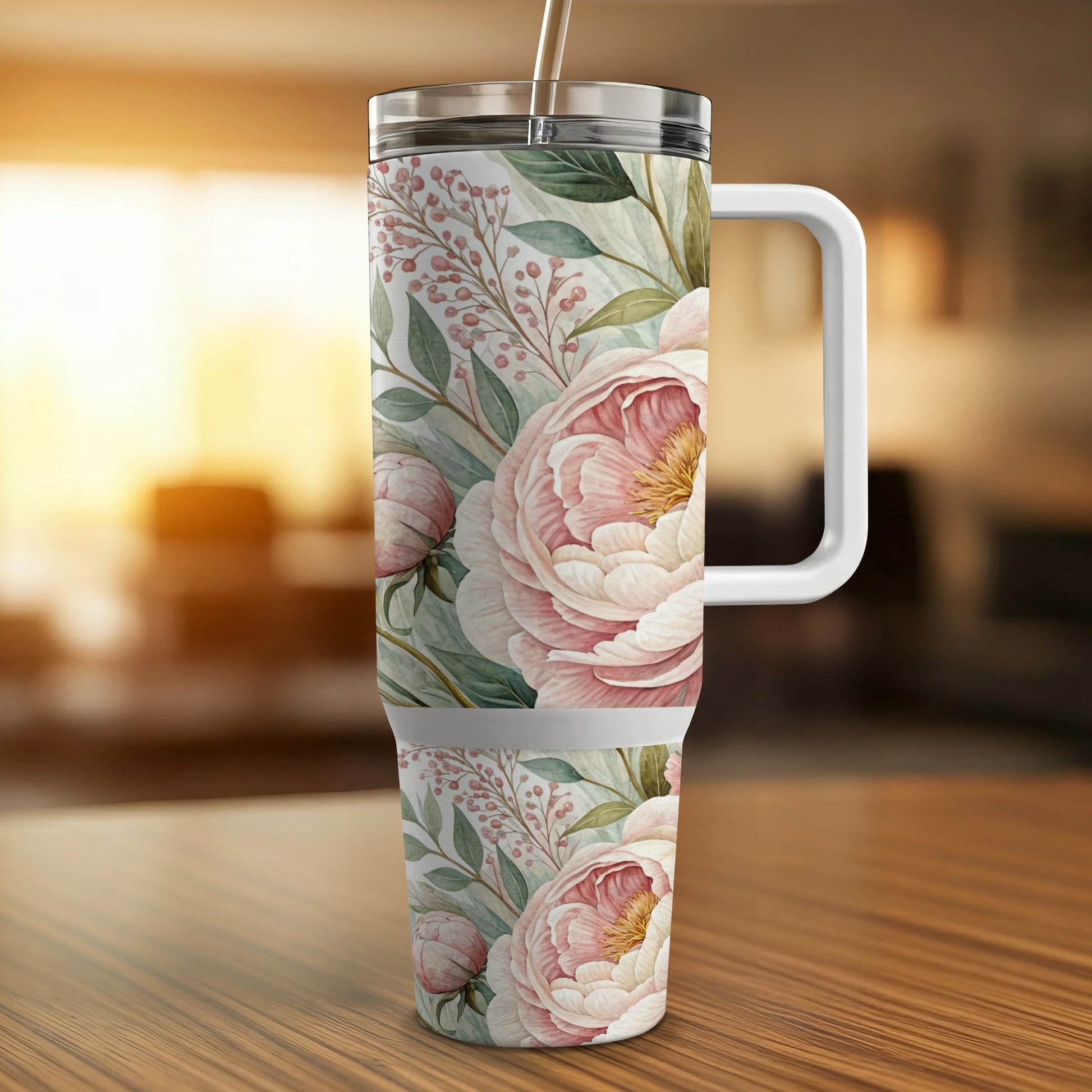 White tumbler with a floral pattern of pink peonies and greenery.
