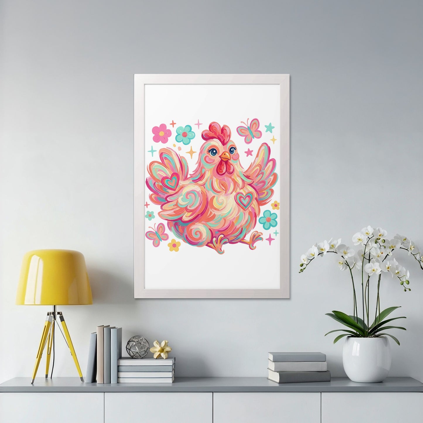 Whimsical chicken illustration with hearts and stars in pastel colors.