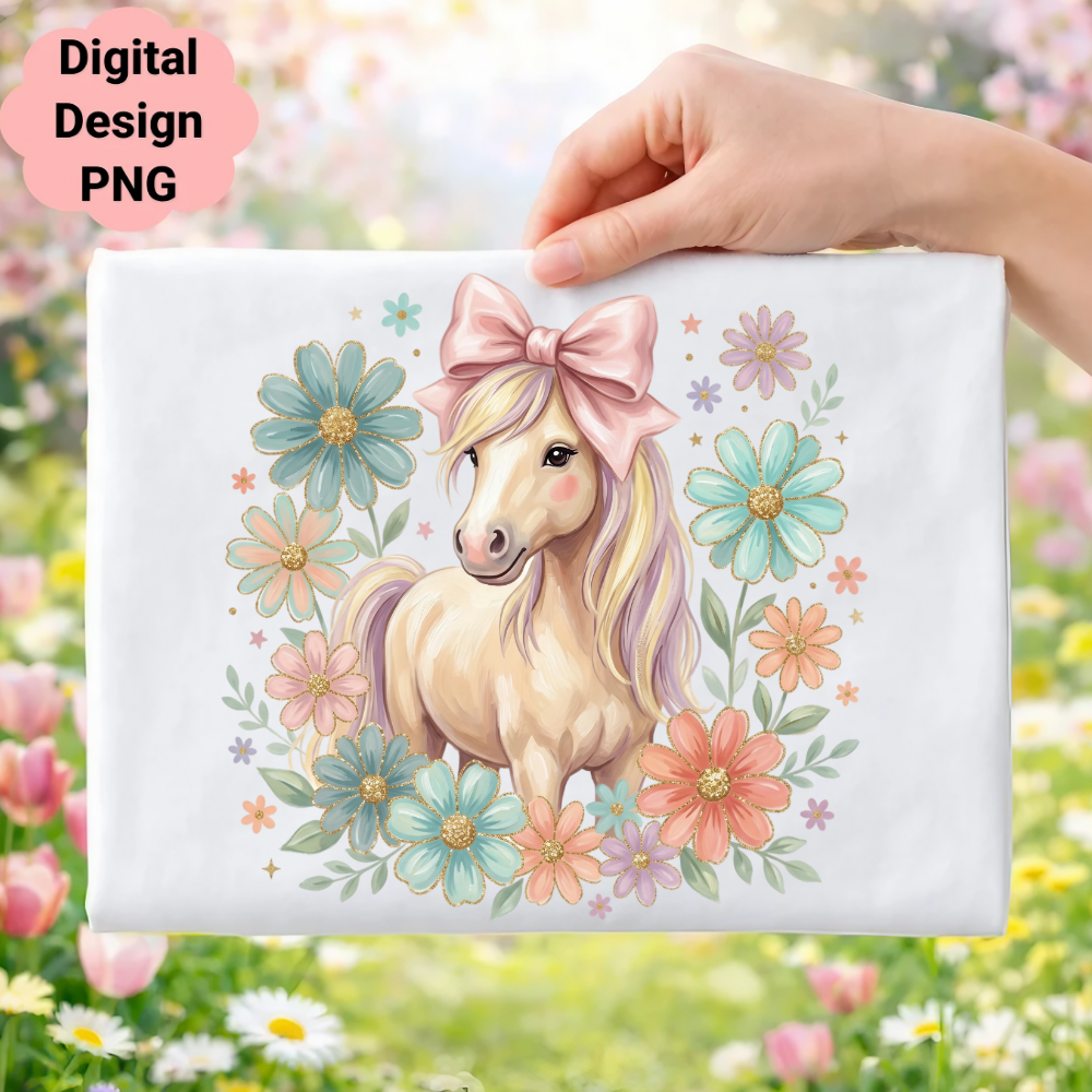 Illustration of a unicorn with flowers and a pink bow.