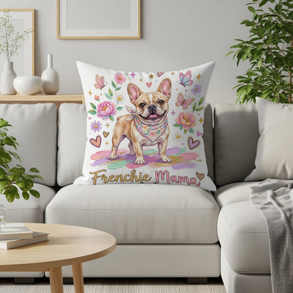 Frenchie Mama pillow with a French bulldog, butterflies, hearts, and flowers.