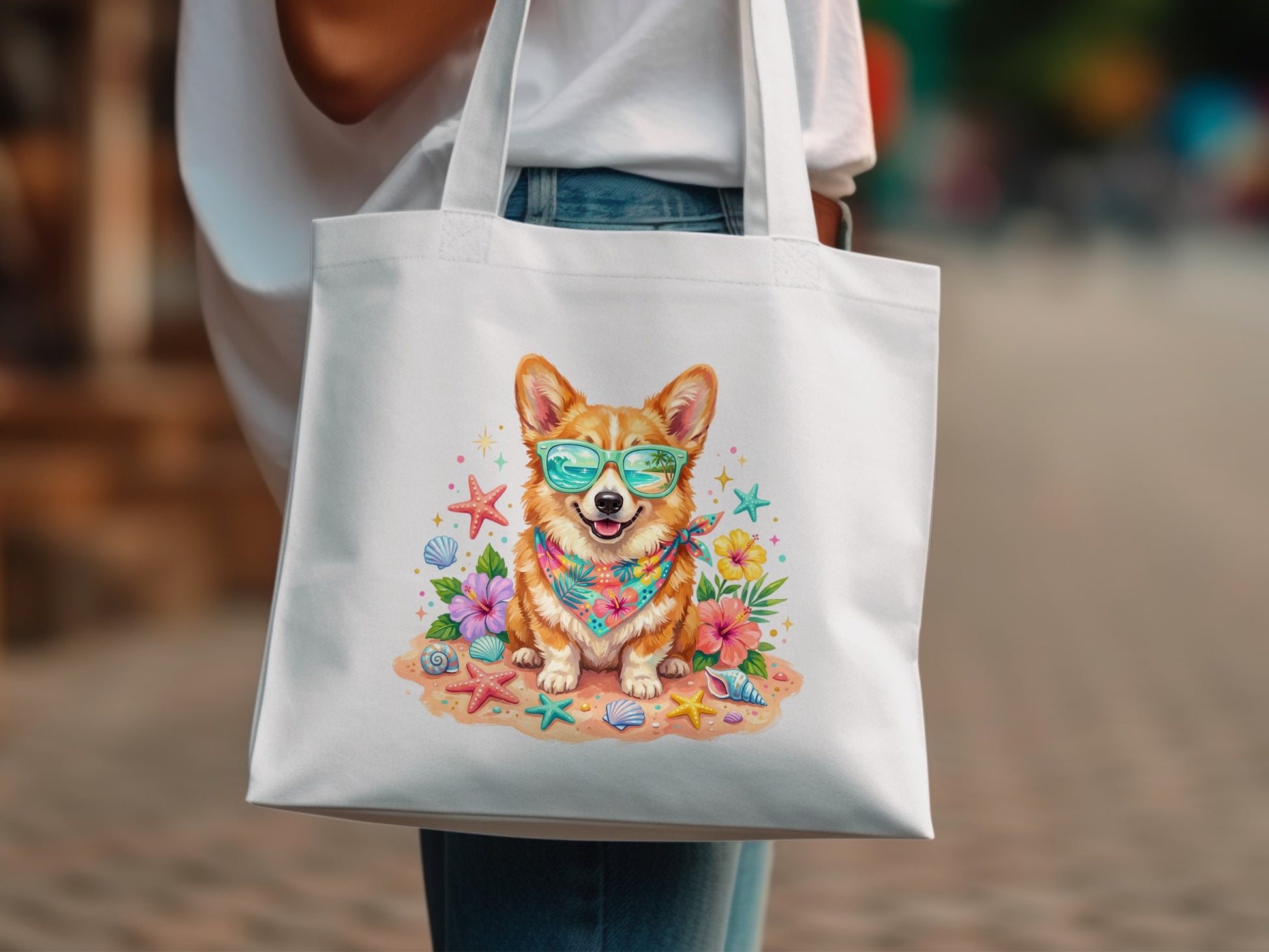 Corgi dog wearing sunglasses and bandana on a beach.