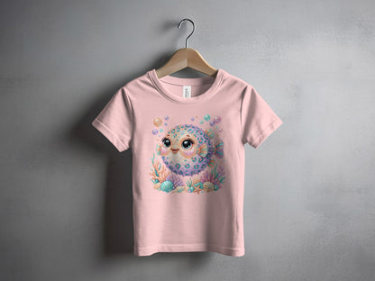 Pink t-shirt with cartoon pufferfish and coral design.