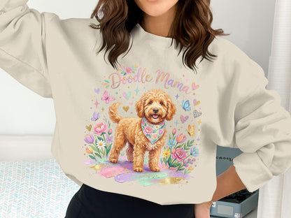 Goldendoodle with "Doodle Mama" text and floral accents.