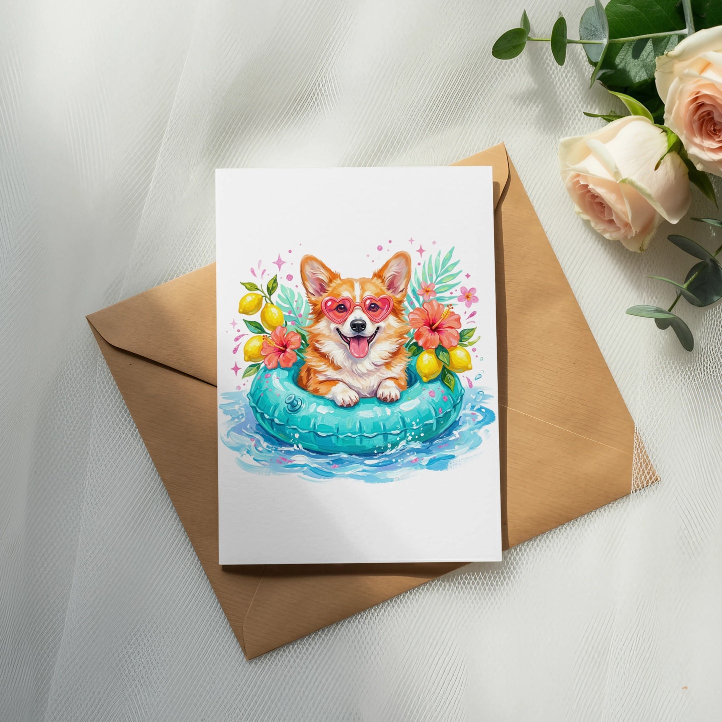 Cute corgi in inflatable ring with sunglasses and hearts, on a card.