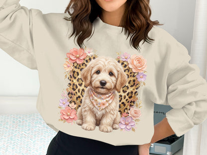 Goldendoodle puppy wearing bandana with floral and leopard print background.