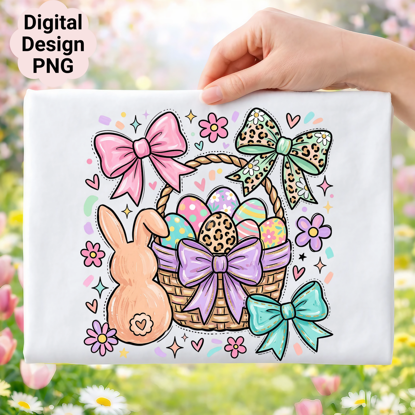 Easter basket with bunny, eggs, and bows on a white background.