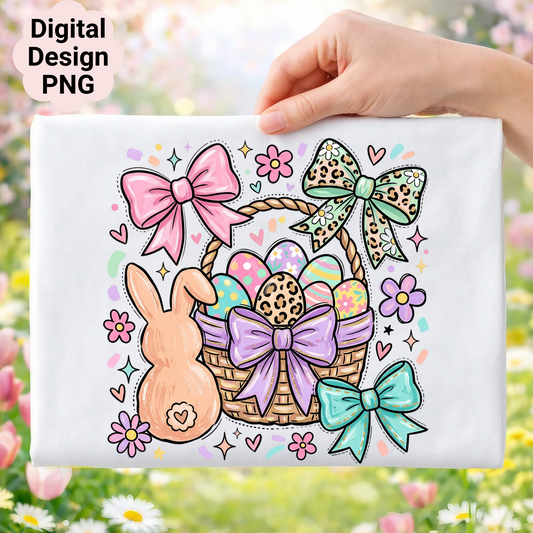Easter basket with bunny, eggs, and bows on a white background.
