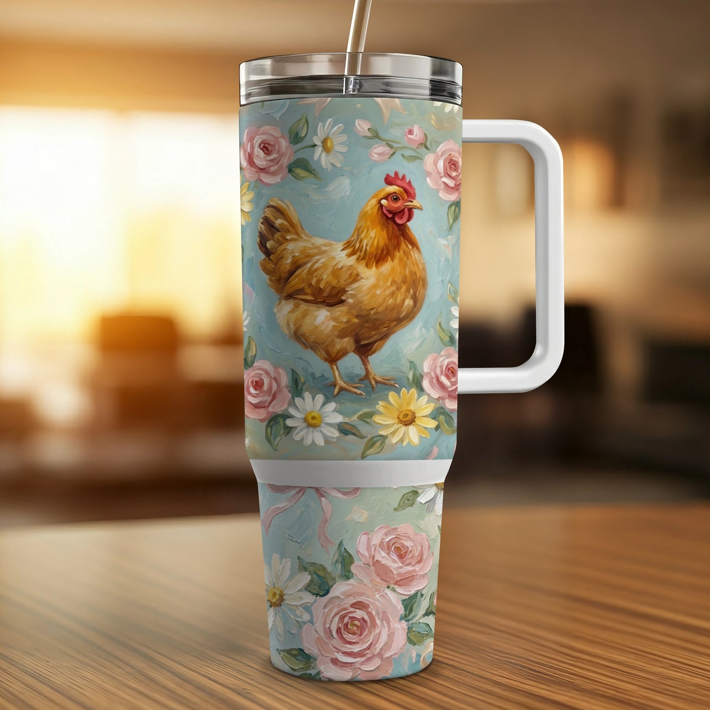 Chicken and roses design on insulated travel tumbler with handle and straw.