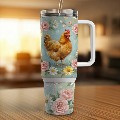 Chicken and roses design on insulated travel tumbler with handle and straw.