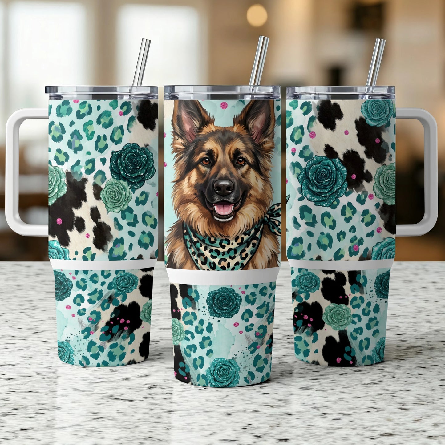German Shepherd on tumbler with leopard, cow print, and teal roses.