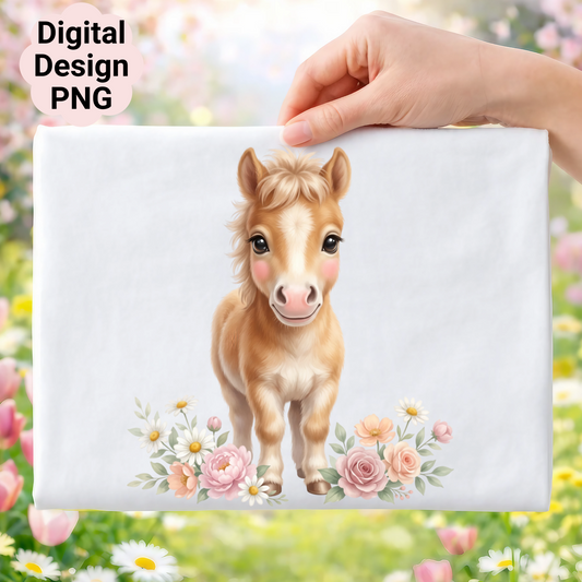 Illustration of a cartoon pony with flowers and text "Digital Design PNG".