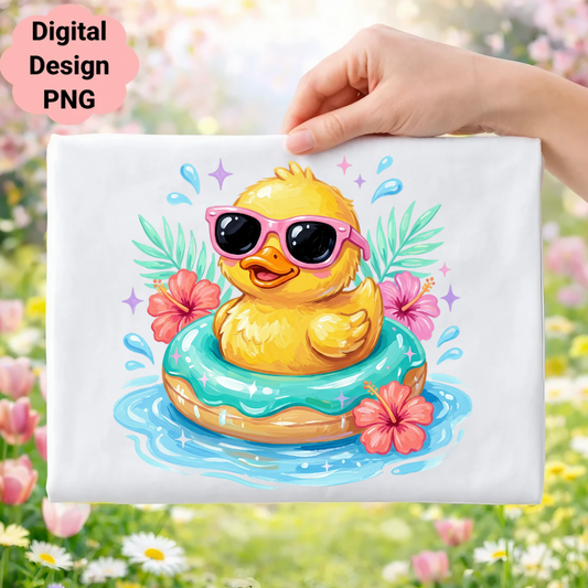 Yellow rubber duck with sunglasses floats in a turquoise inner tube.