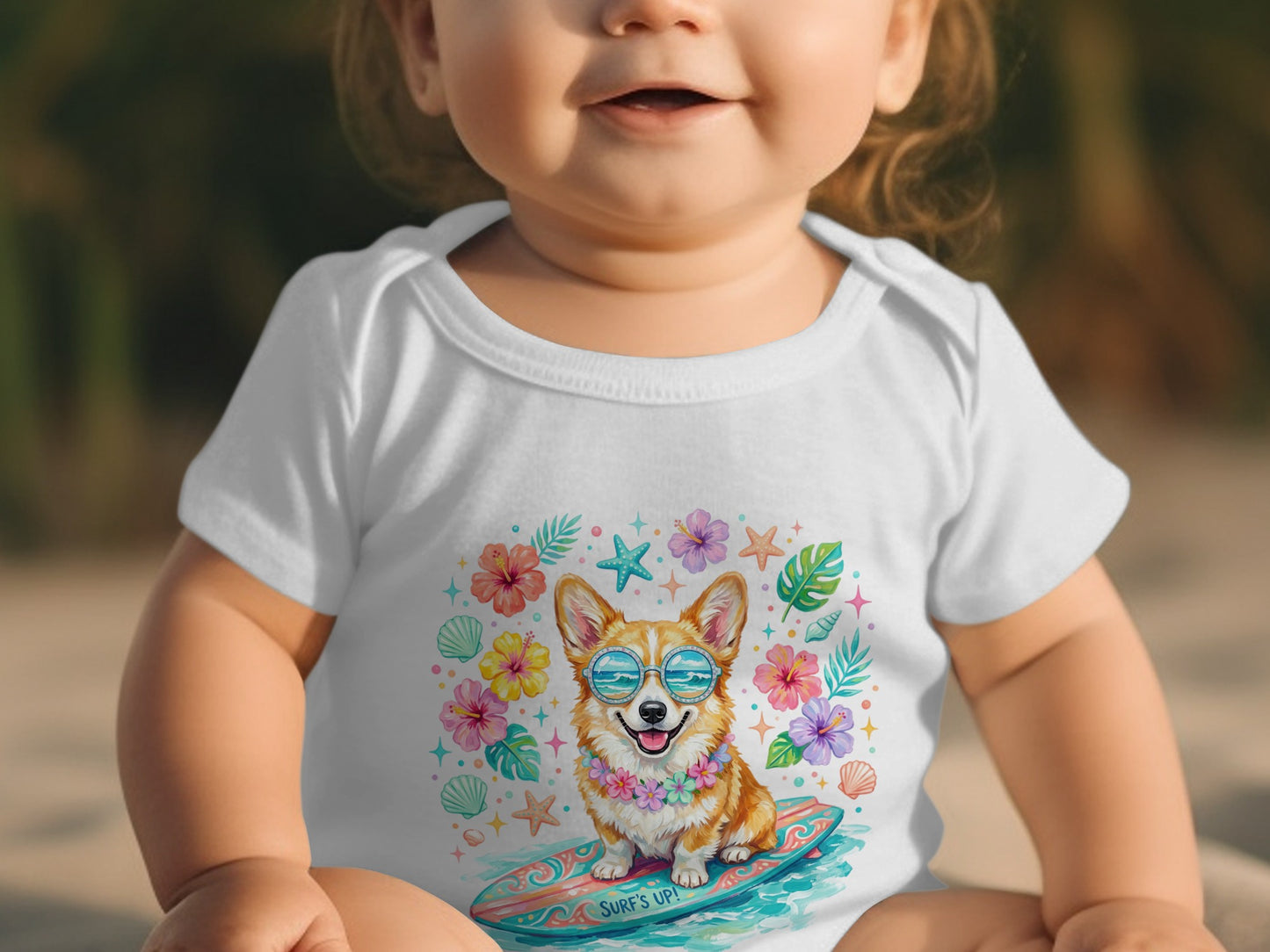 Baby wearing white onesie with smiling corgi on a surfboard graphic.