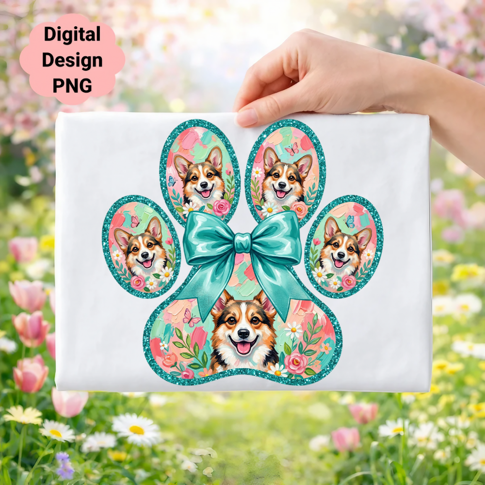 Corgi paw print with teal bow and butterflies, on white background.