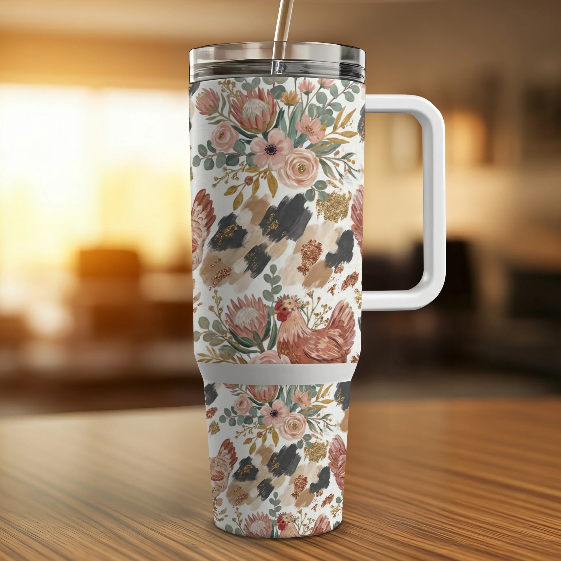 Chicken and floral pattern tumbler with a handle and straw.