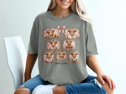 Framed illustrations of highland cows reading books, with "Book Lover" text.