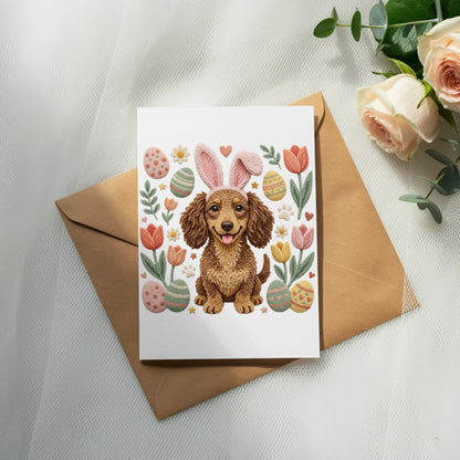 Dachshund in Easter bunny ears surrounded by decorated eggs and tulips.
