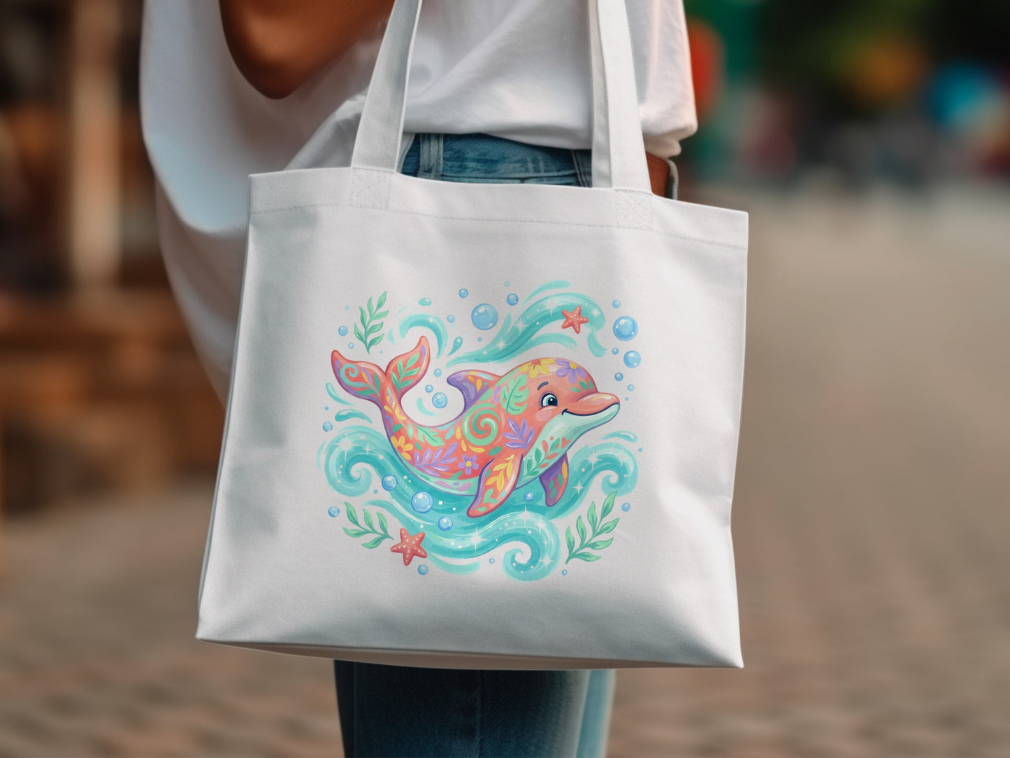 White tote bag featuring a colorful, stylized dolphin with starfish and bubbles.