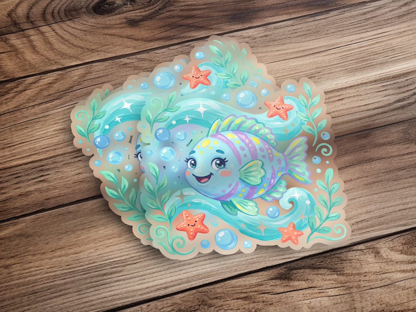 Whimsical cartoon fish with colorful scales surrounded by bubbles and starfish.