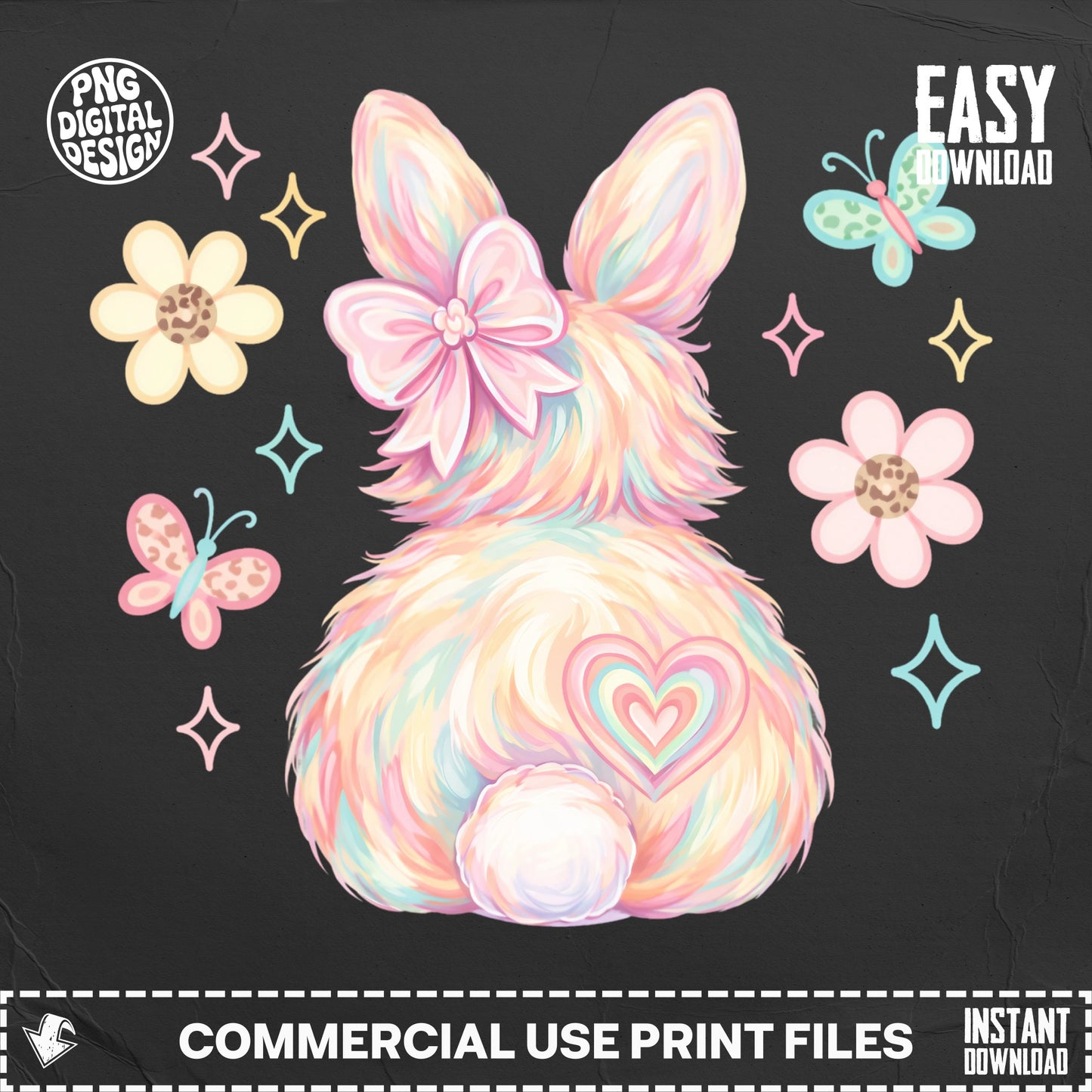 Fluffy rainbow bunny with heart on tail, surrounded by flowers and butterflies.