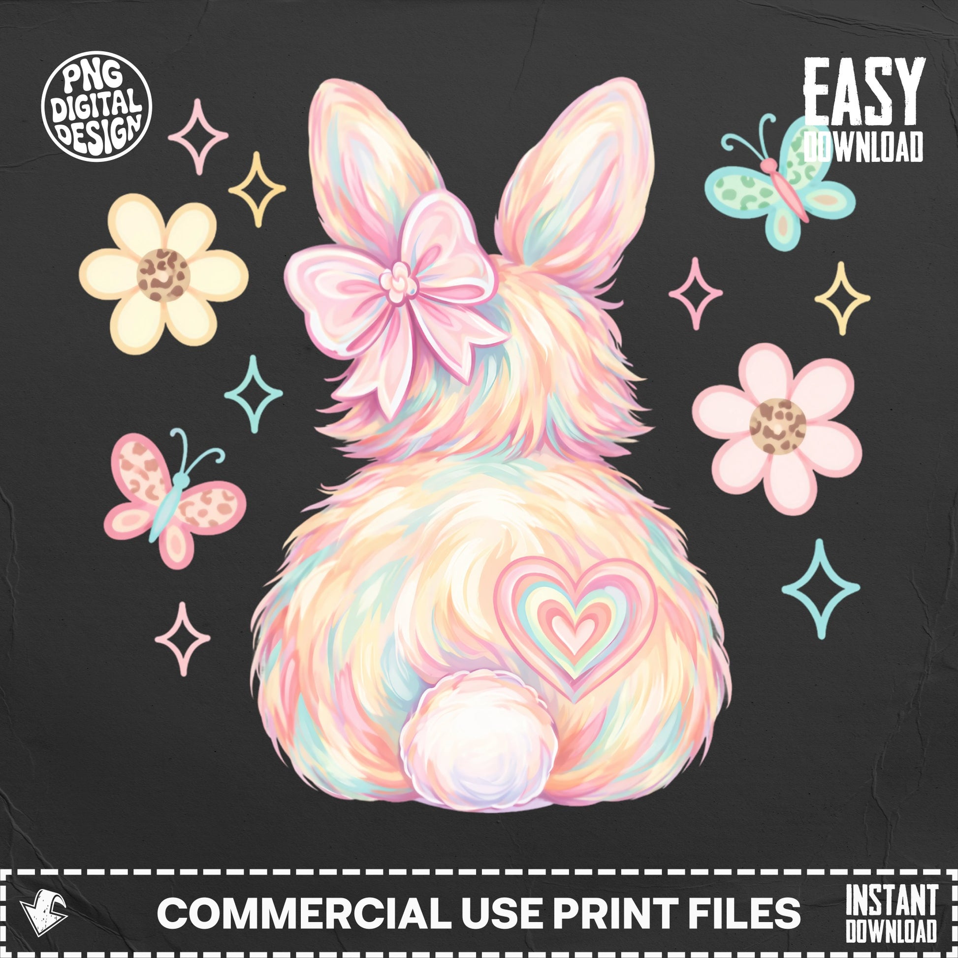 Fluffy rainbow bunny with heart on tail, surrounded by flowers and butterflies.