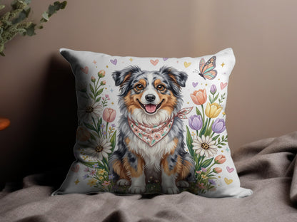 Australian Shepherd dog wearing a bandana with floral background.