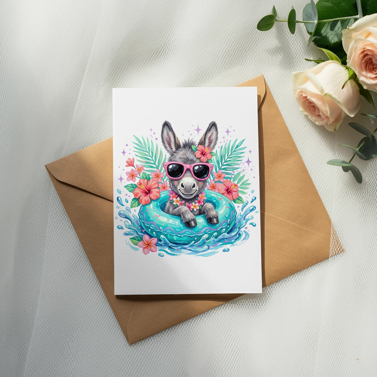 Donkey in sunglasses floats in a tropical pool on a greeting card.