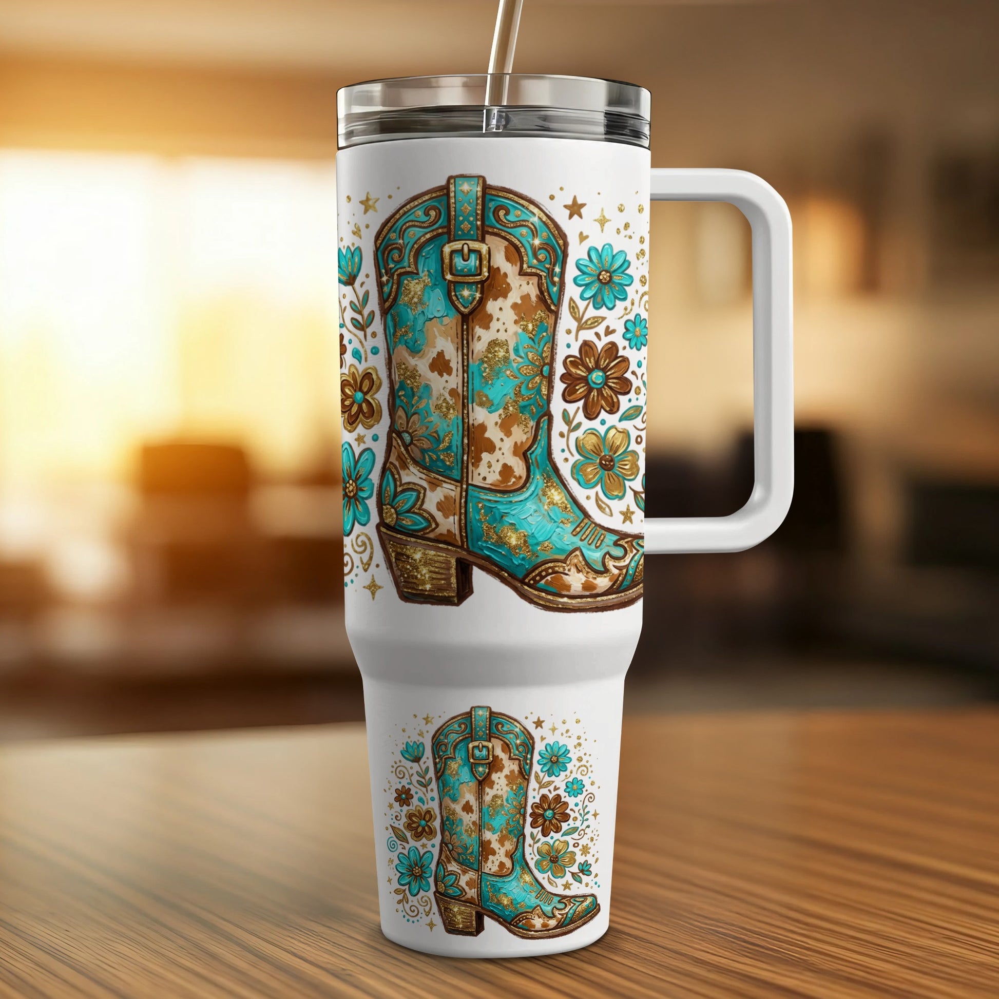 White tumbler with a turquoise and gold cowboy boot and floral pattern.
