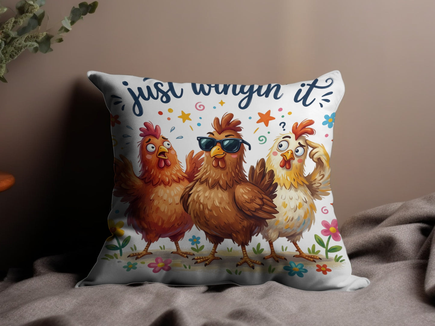 Three cartoon chickens with "Just Wingin It" text and colorful flowers.