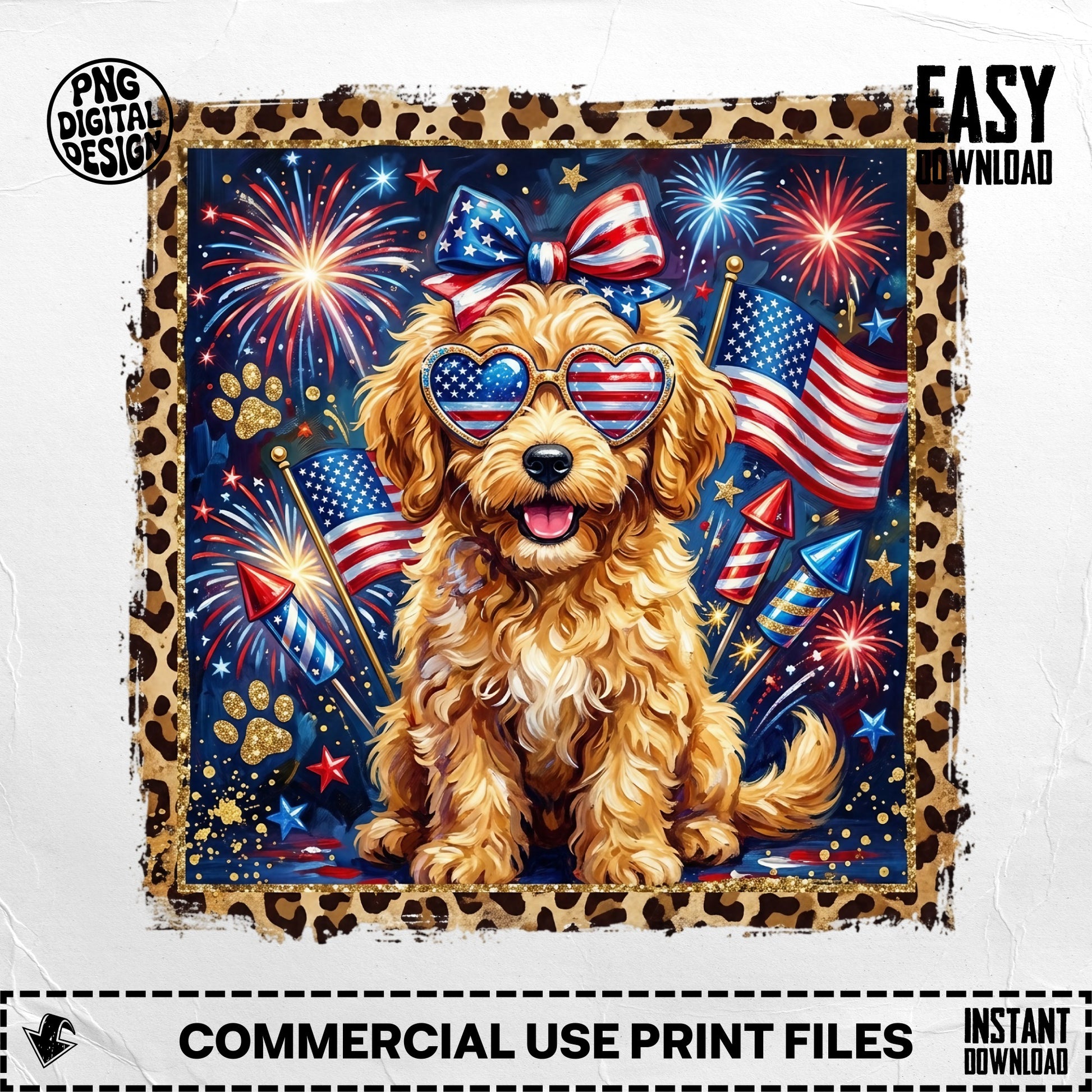 Golden doodle dog wearing heart sunglasses with American flags and fireworks.