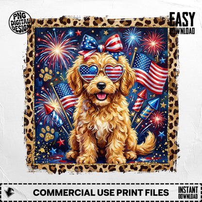 Golden doodle dog wearing heart sunglasses with American flags and fireworks.