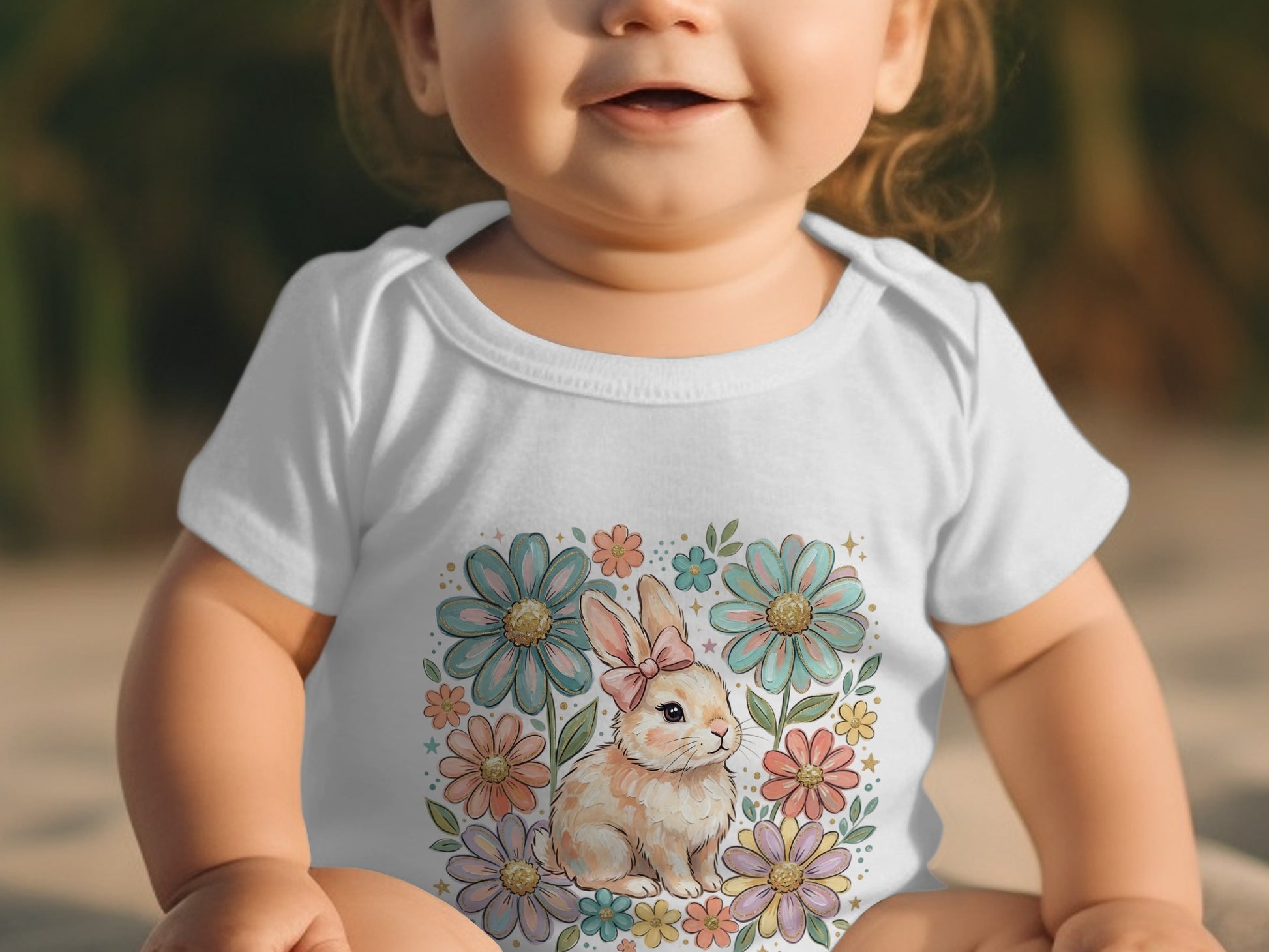 Baby in white onesie with Easter bunny and flowers graphic.