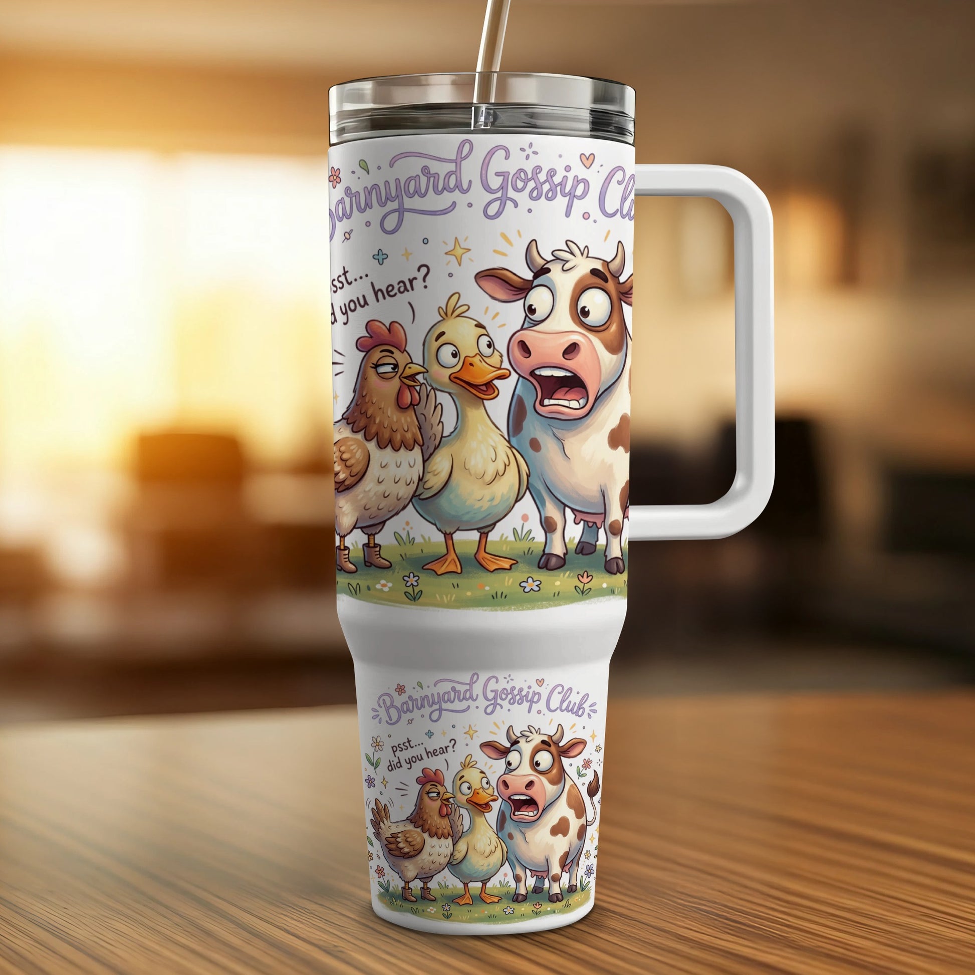 Barnyard Gossip Club tumbler with surprised cow and chickens.
