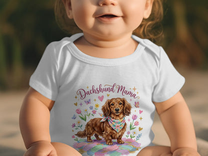 Baby wearing white onesie with Dachshund Mama design and watercolor dog.