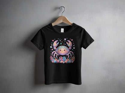 Black t-shirt with a smiling crab surrounded by colorful seashells and hearts.