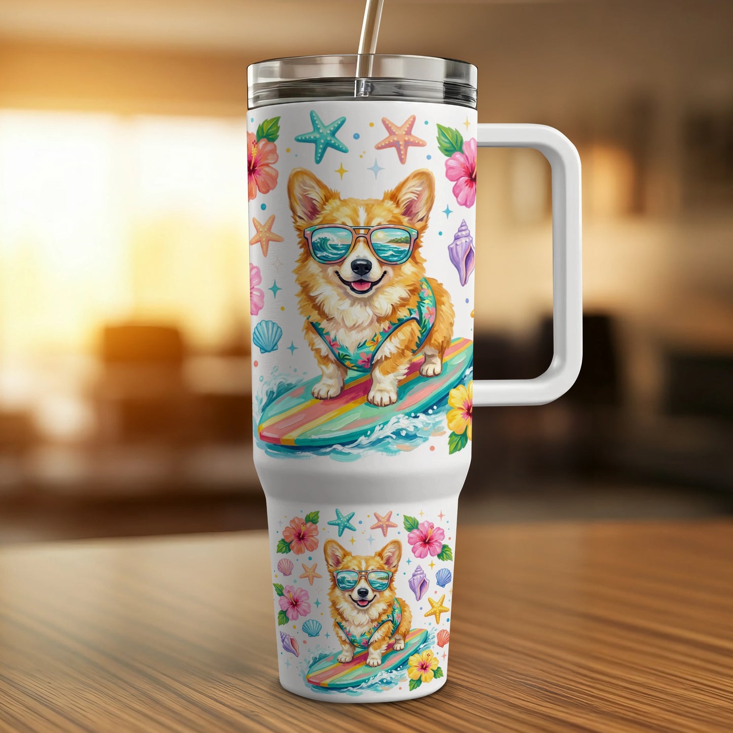 Corgi in sunglasses on surfboard with seashells and hibiscus flowers.