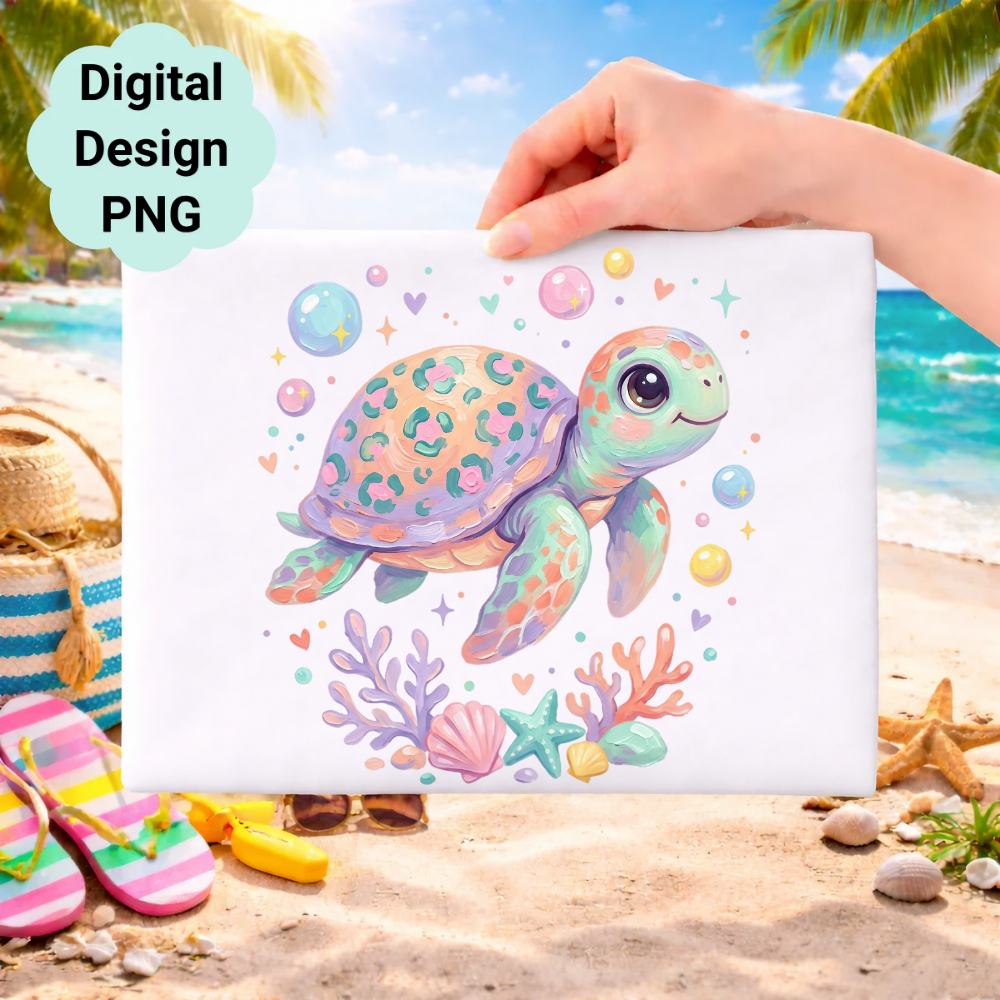 Cute cartoon sea turtle with bubbles and coral on a beach background.